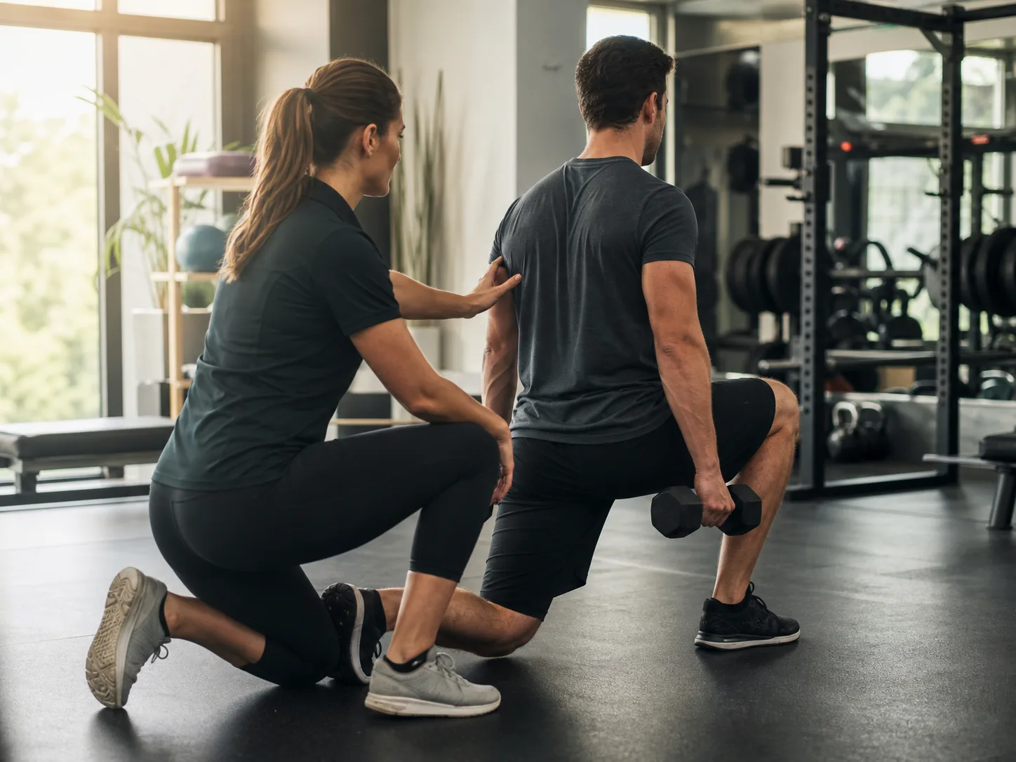 Exercise therapy session with clinician supporting patient movement