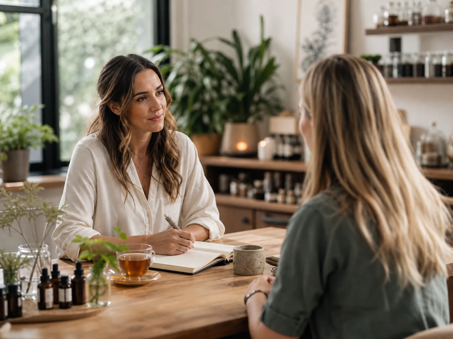 Natural health consultation setting with practitioner and client