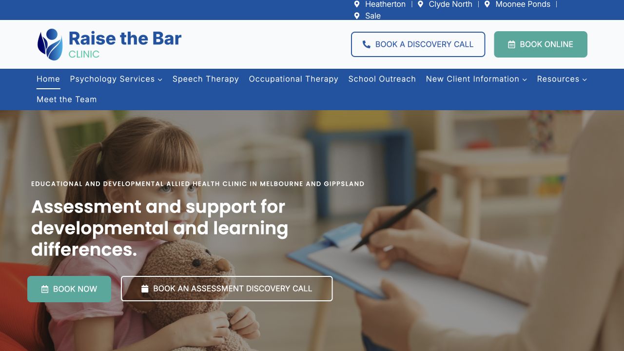Raise The Bar Clinic homepage displayed on a desktop computer