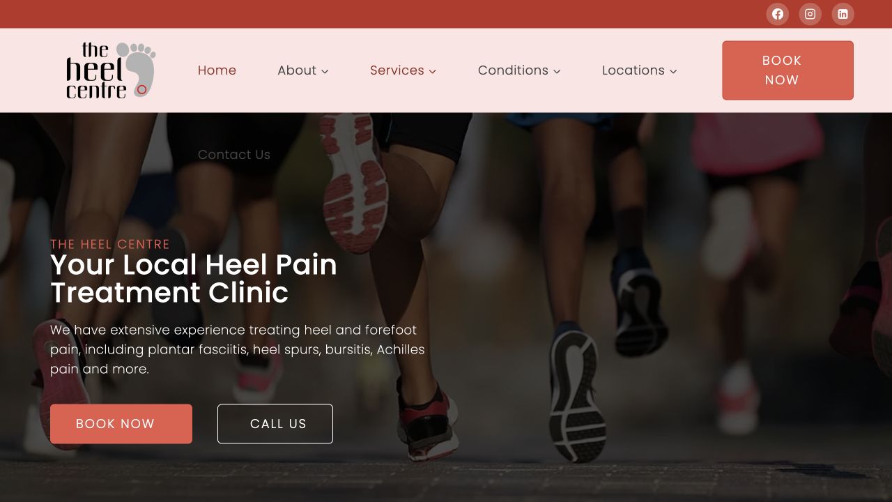 The Heel Centre homepage displayed on a desktop computer