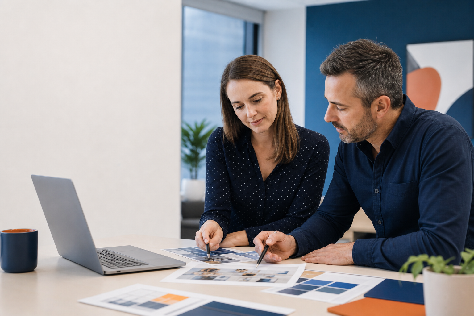 Two healthcare marketing specialists reviewing campaign layouts before publication