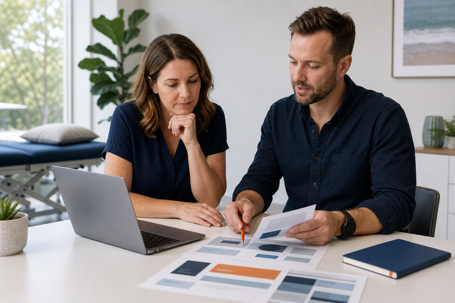 Clinic owner and marketing specialist reviewing healthcare advertising before publication